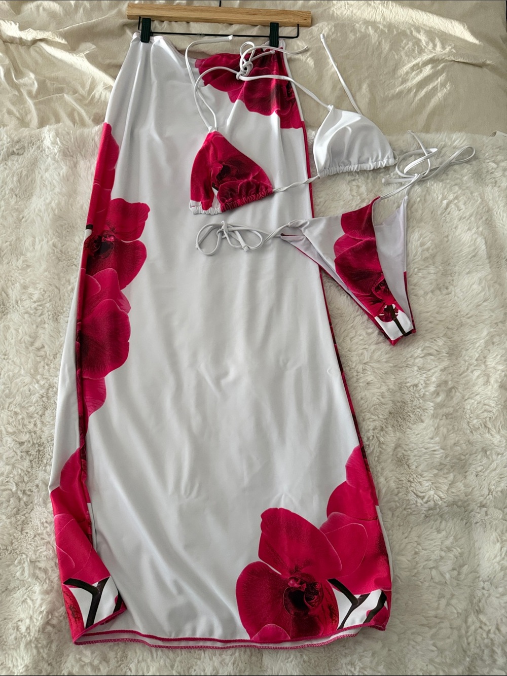 White Bikini Set & Floral Cover-Up - Fuchsia Orchid Print